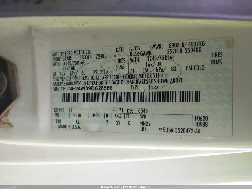 2009 Ford E-250 Commercial/Recreational VIN: 1FTNE24W89DA28586 Lot: 43972140