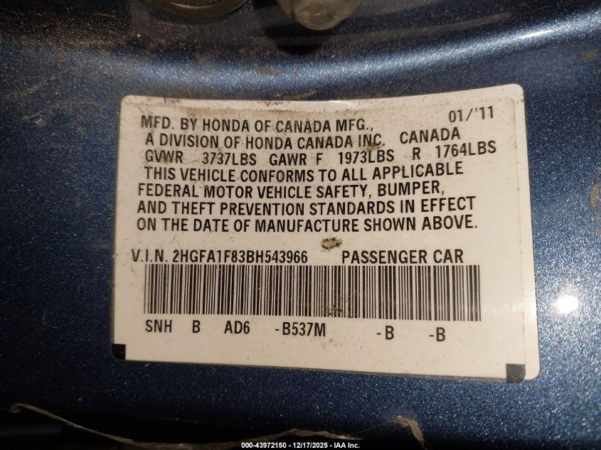 2011 Honda Civic Ex VIN: 2HGFA1F83BH543966 Lot: 43972150