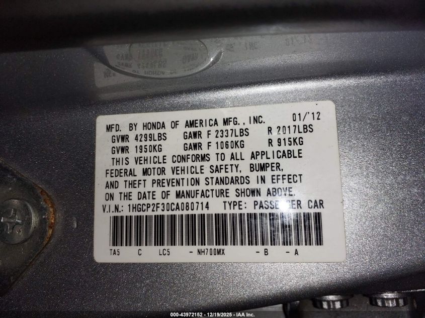 2012 Honda Accord 2.4 Lx VIN: 1HGCP2F30CA080714 Lot: 43972152