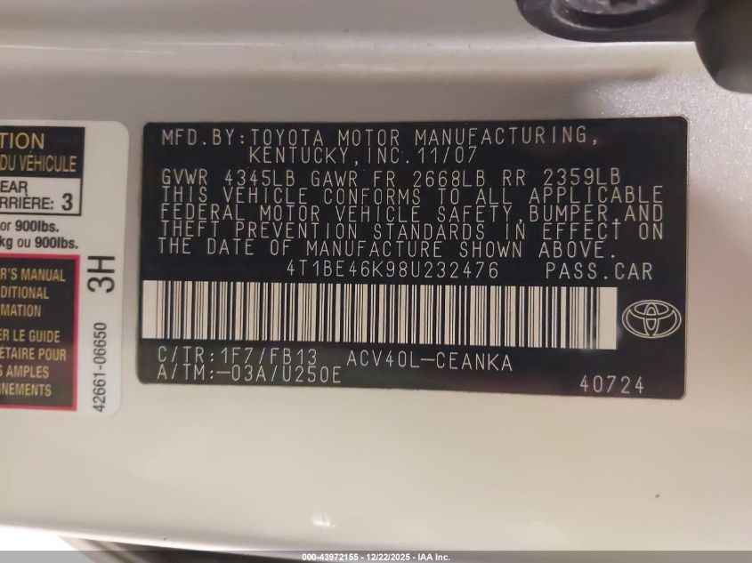 2008 Toyota Camry Le VIN: 4T1BE46K98U232476 Lot: 43972155