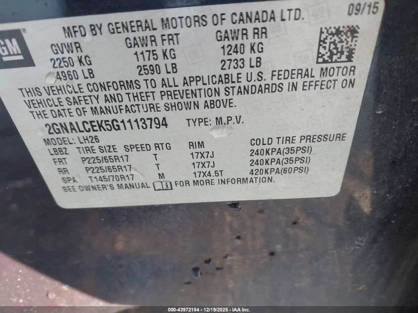 2016 Chevrolet Equinox Lt VIN: 2GNALCEK5G1113794 Lot: 43972154