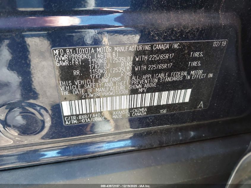 2019 Toyota Rav4 Xle VIN: 2T3W1RFV6KW013008 Lot: 43972157