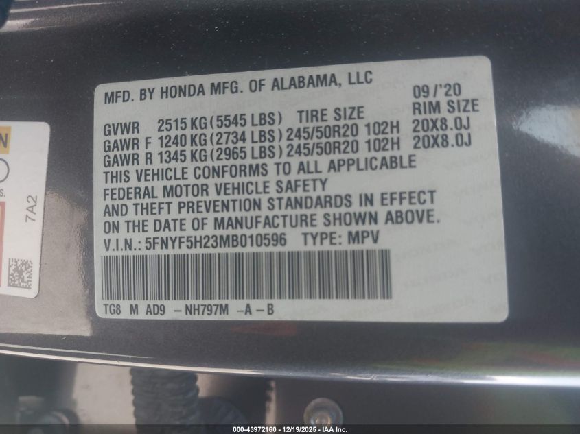 2021 Honda Pilot 2Wd Special Edition VIN: 5FNYF5H23MB010596 Lot: 43972160