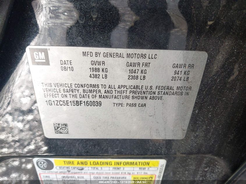 2011 Chevrolet Malibu 1Lt VIN: 1G1ZC5E15BF160039 Lot: 43972163