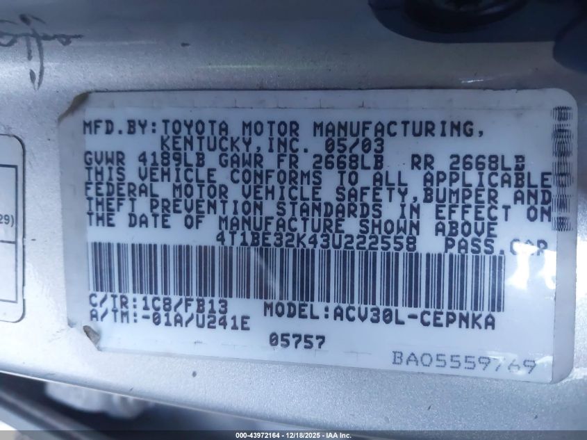 2003 Toyota Camry Le VIN: 4T1BE32K43U222558 Lot: 43972164