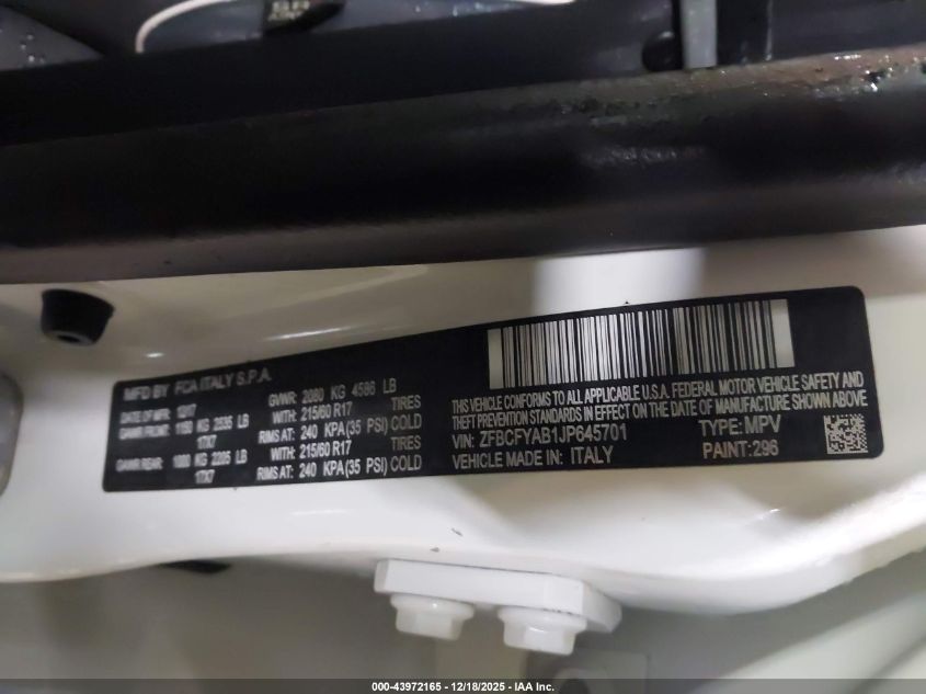 2018 Fiat 500X Pop Awd VIN: ZFBCFYAB1JP645701 Lot: 43972165