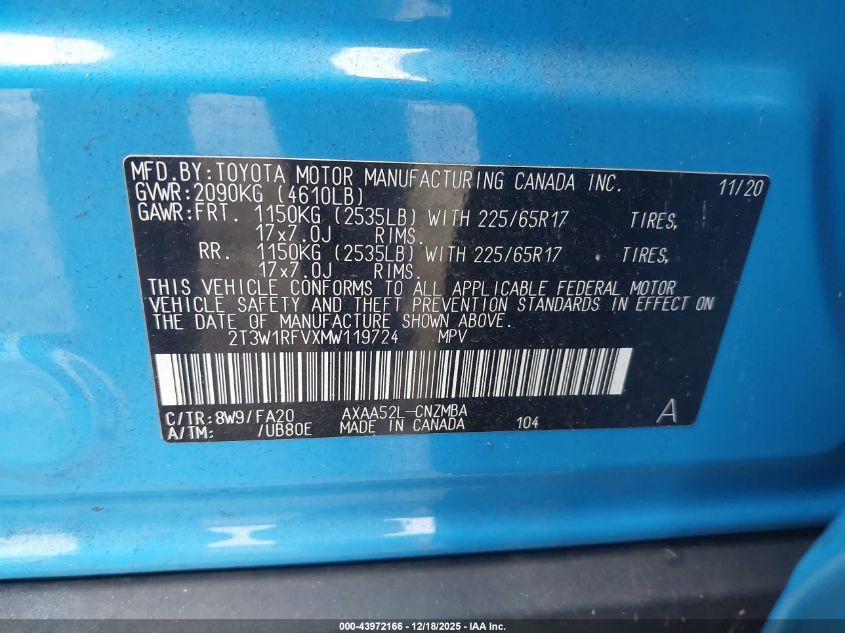 2021 Toyota Rav4 Xle VIN: 2T3W1RFVXMW119724 Lot: 43972166