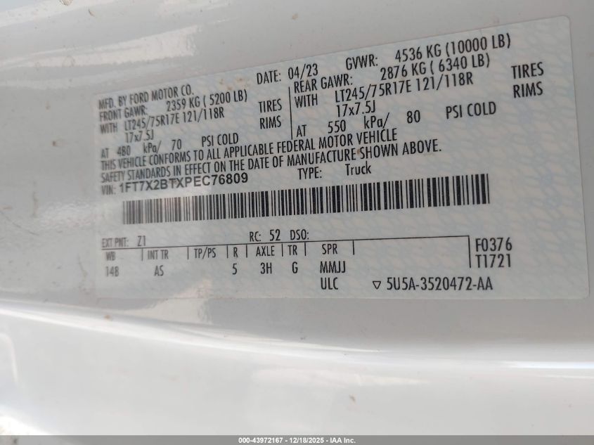 2023 Ford F-250 Xl VIN: 1FT7X2BTXPEC76809 Lot: 43972167