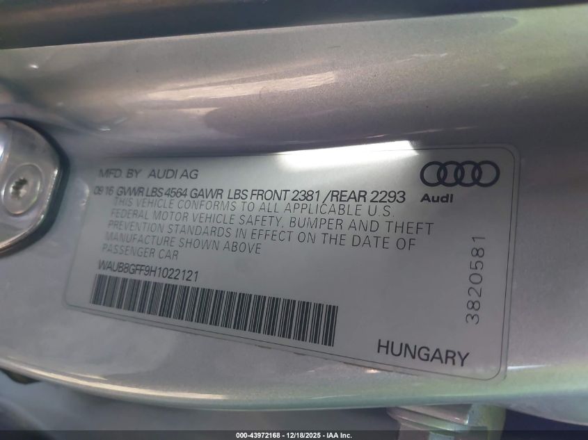 2017 Audi A3 2.0T Premium VIN: WAUB8GFF9H1022121 Lot: 43972168