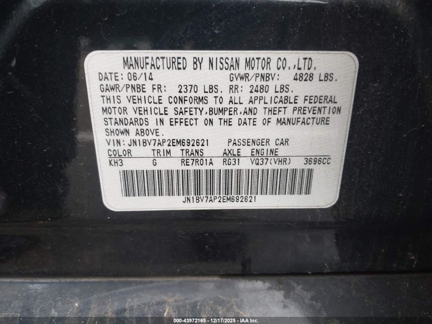 2014 Infiniti Q50 Sport VIN: JN1BV7AP2EM692621 Lot: 43972169