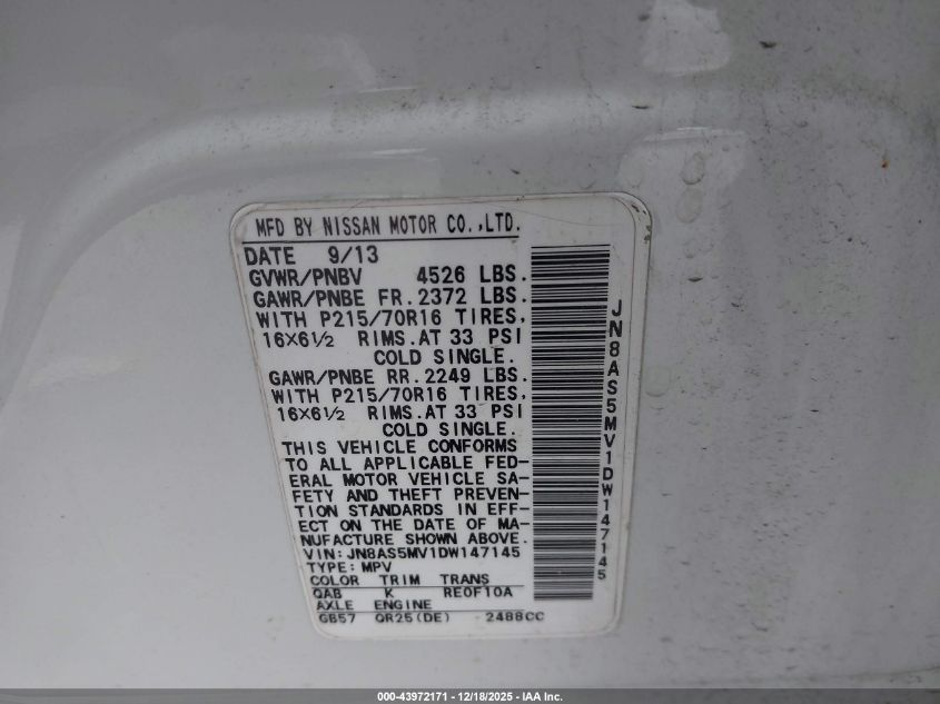 2013 Nissan Rogue S VIN: JN8AS5MV1DW147145 Lot: 43972171