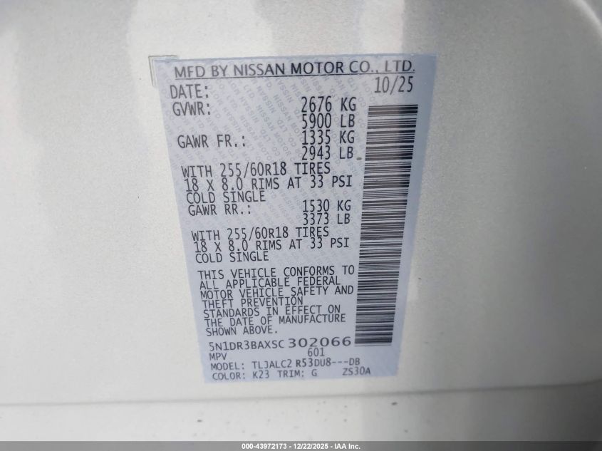 2025 Nissan Pathfinder Sv Fwd VIN: 5N1DR3BAXSC302066 Lot: 43972173