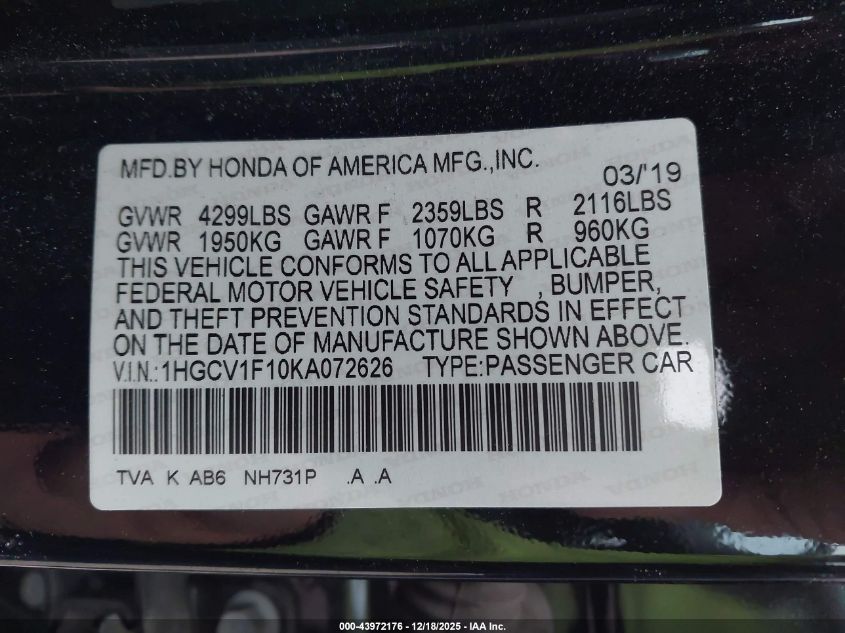 2019 Honda Accord Lx VIN: 1HGCV1F10KA072626 Lot: 43972176