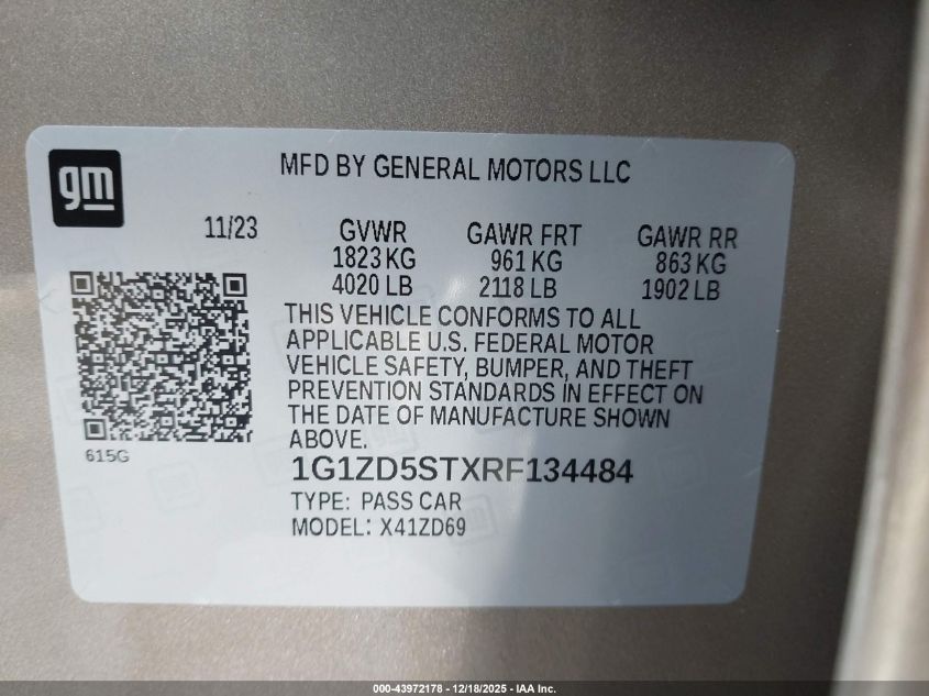 2024 Chevrolet Malibu Fwd 1Lt VIN: 1G1ZD5STXRF134484 Lot: 43972178