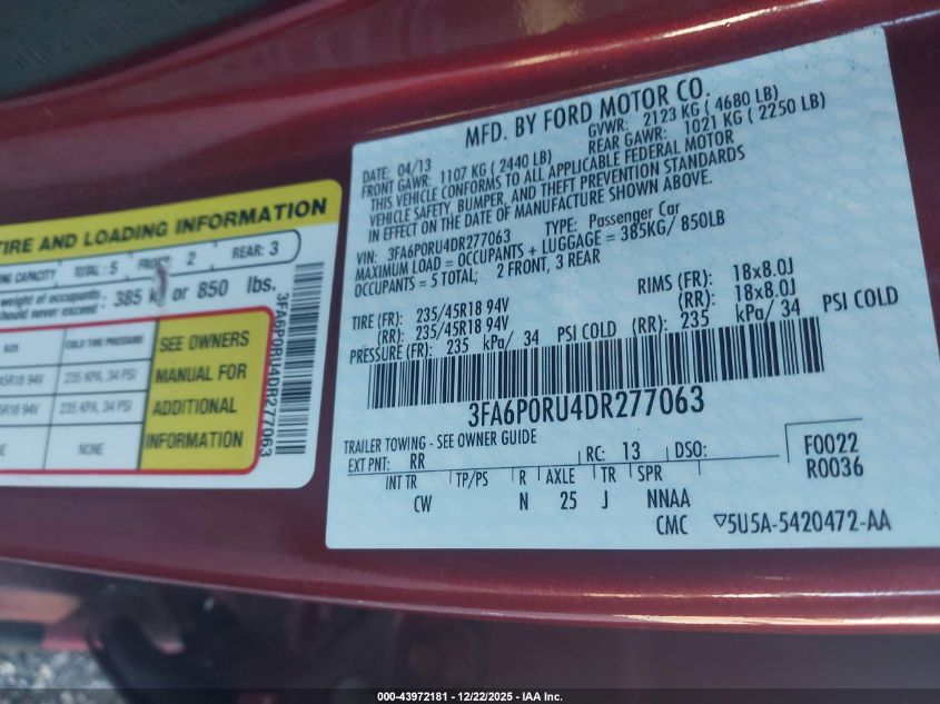 2013 Ford Fusion Hybrid Titanium VIN: 3FA6P0RU4DR277063 Lot: 43972181