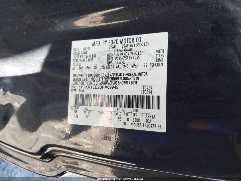 2011 Ford Ranger Sport VIN: 1FTKR1EE2BPA89945 Lot: 43972180