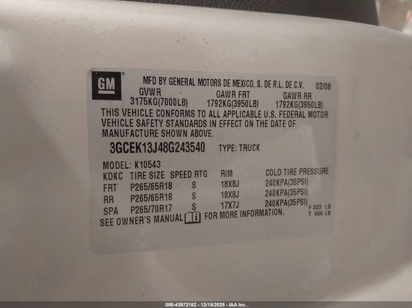 2008 Chevrolet Silverado 1500 Ltz VIN: 3GCEK13J48G243540 Lot: 43972182