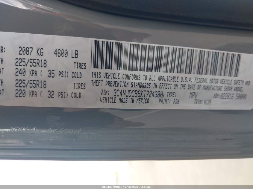 2019 Jeep Compass Limited 4X4 VIN: 3C4NJDCB9KT724380 Lot: 43972183