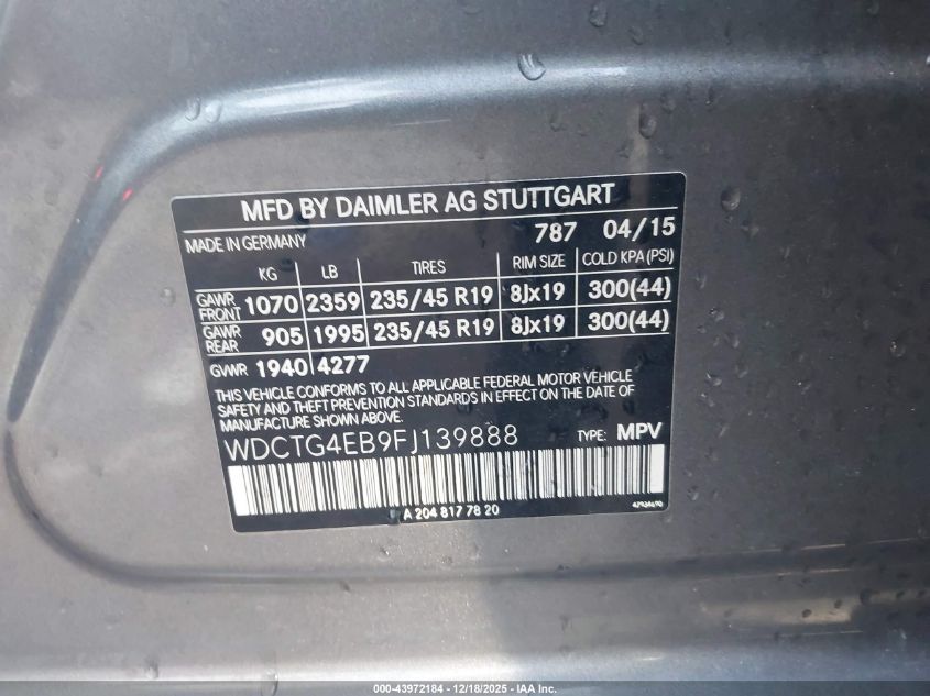 2015 Mercedes-Benz Gla 250 VIN: WDCTG4EB9FJ139888 Lot: 43972184