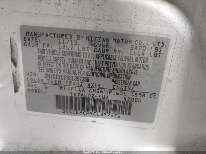 2014 Nissan Versa Note Sv VIN: 3N1CE2CP4EL397356 Lot: 43972185