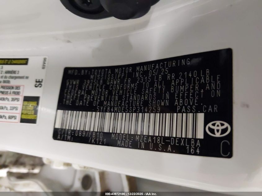 2025 Toyota Corolla Le VIN: 5YFB4MDE5SP314259 Lot: 43972186