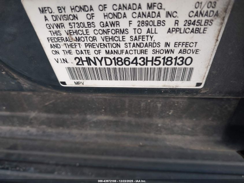 2003 Acura Mdx VIN: 2HNYD18643H518130 Lot: 43972188