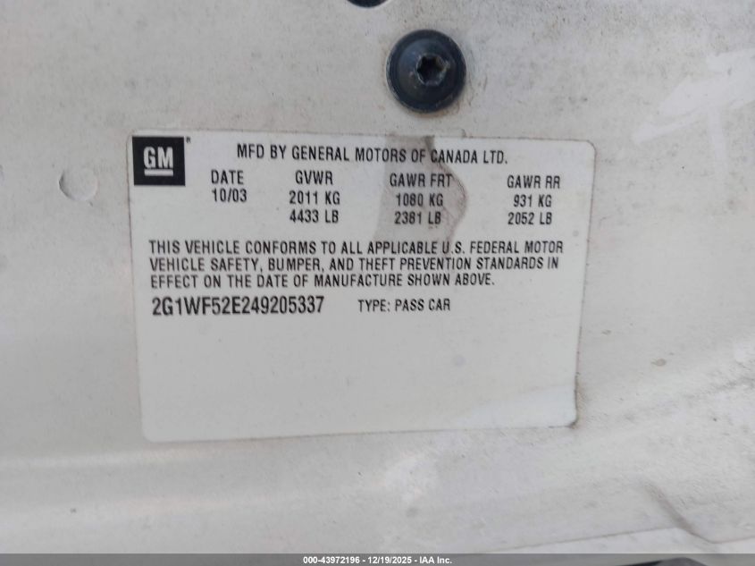 2004 Chevrolet Impala VIN: 2G1WF52E249205337 Lot: 43972196