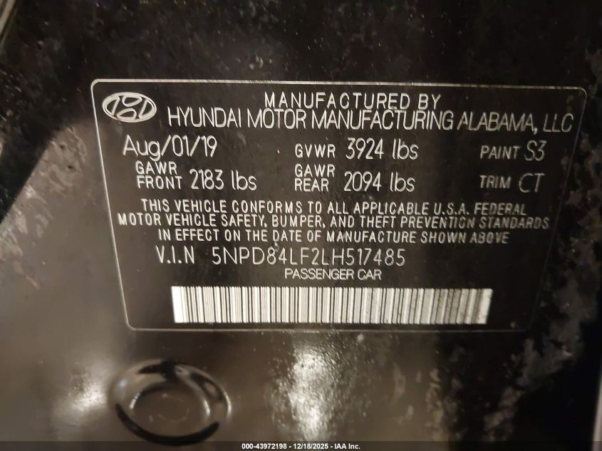 2020 Hyundai Elantra Value Edition VIN: 5NPD84LF2LH517485 Lot: 43972198