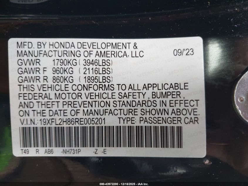 2024 Honda Civic Sport VIN: 19XFL2H86RE005201 Lot: 43972200