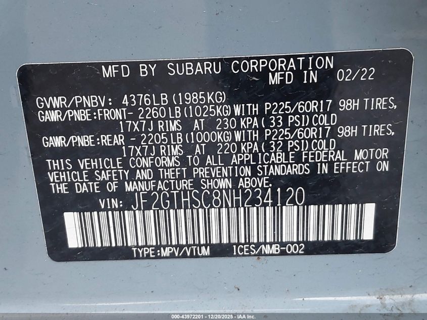 2022 Subaru Crosstrek Sport VIN: JF2GTHSC8NH234120 Lot: 43972201