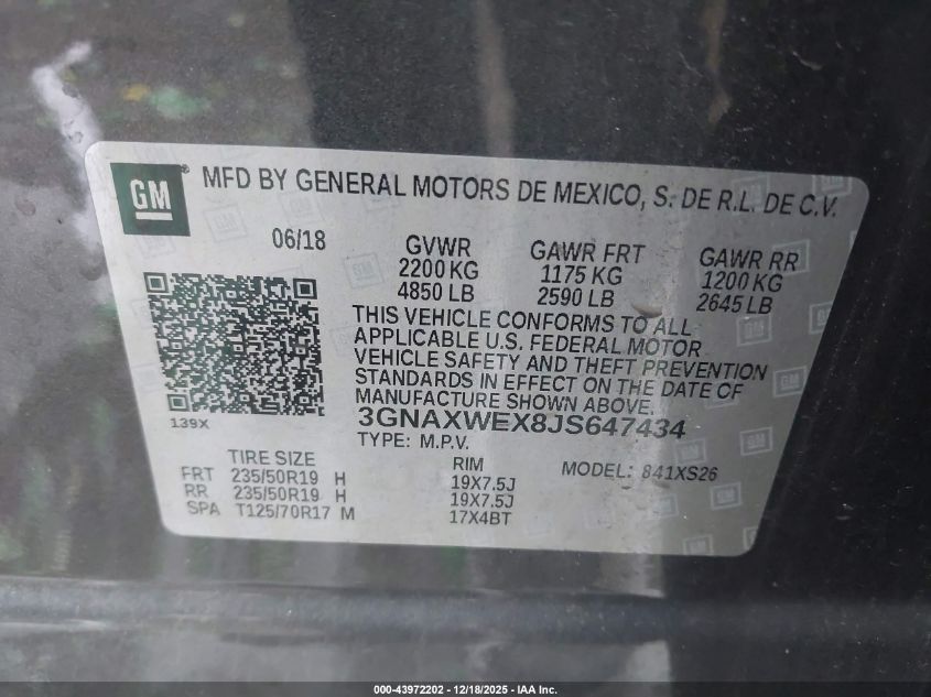 2018 Chevrolet Equinox Premier VIN: 3GNAXWEX8JS647434 Lot: 43972202