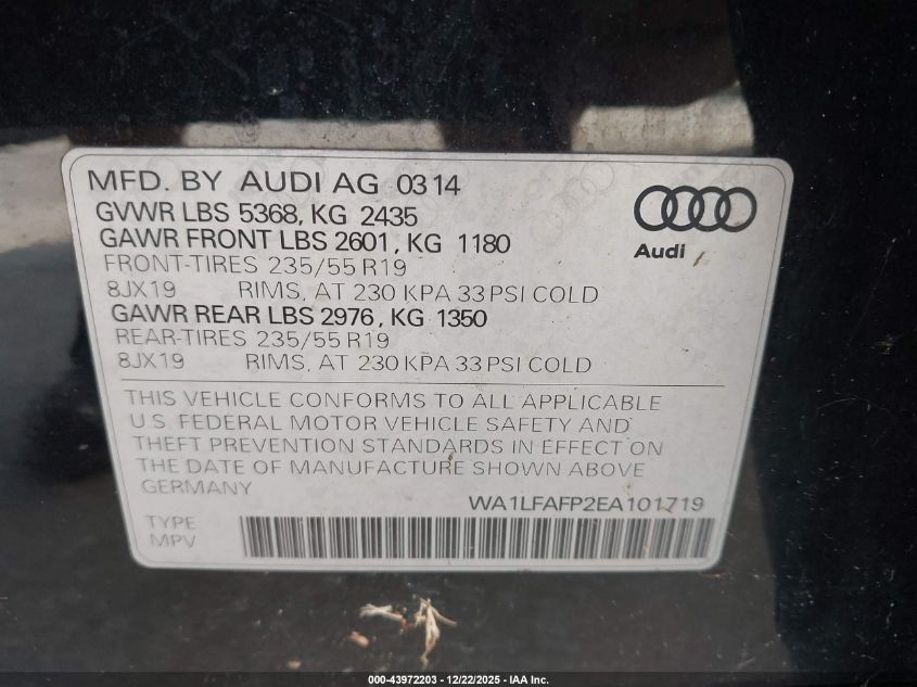 2014 Audi Q5 2.0T Premium VIN: WA1LFAFP2EA101719 Lot: 43972203