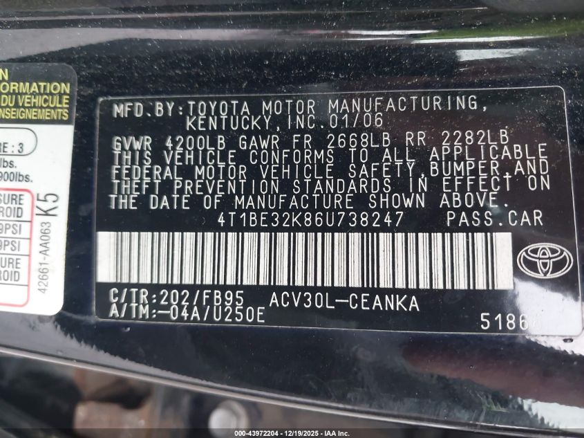 2006 Toyota Camry Std VIN: 4T1BE32K86U738247 Lot: 43972204