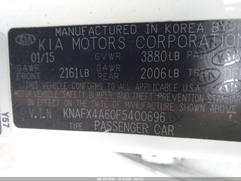 2015 Kia Forte Lx VIN: KNAFX4A60F5400696 Lot: 43972205