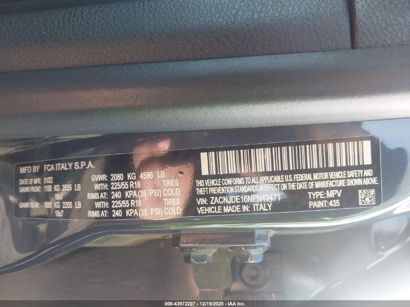 2022 Jeep Renegade Altitude 4X4 VIN: ZACNJDE16NPN49471 Lot: 43972207