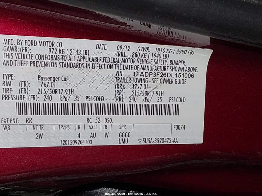 2013 Ford Focus Se VIN: 1FADP3F26DL151006 Lot: 43972209