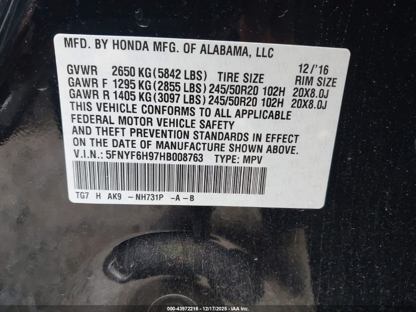 2017 Honda Pilot Touring VIN: 5FNYF6H97HB008763 Lot: 43972216