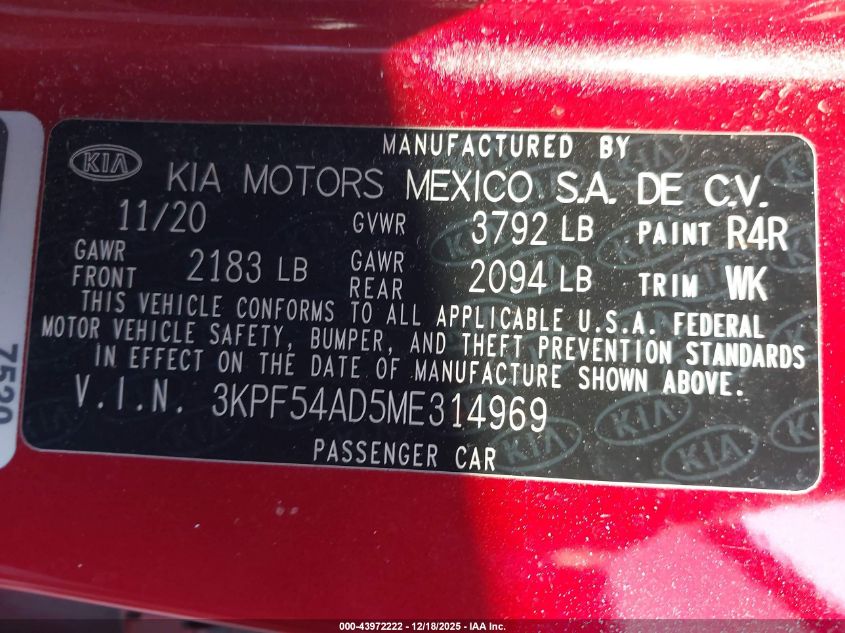 2021 Kia Forte Ex VIN: 3KPF54AD5ME314969 Lot: 43972222