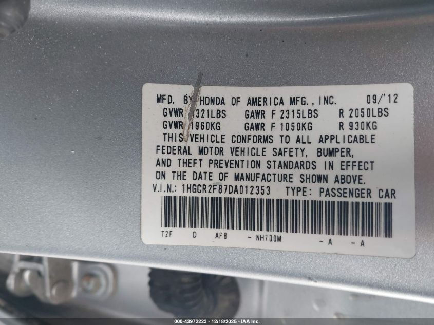 2013 Honda Accord Ex-L VIN: 1HGCR2F87DA012353 Lot: 43972223