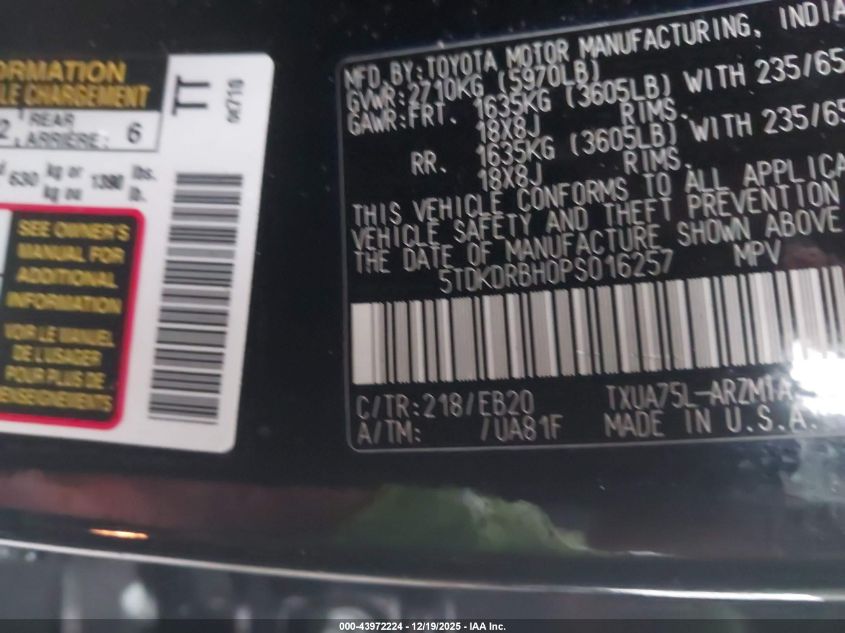 2023 Toyota Highlander Xle VIN: 5TDKDRBH0PS016257 Lot: 43972224