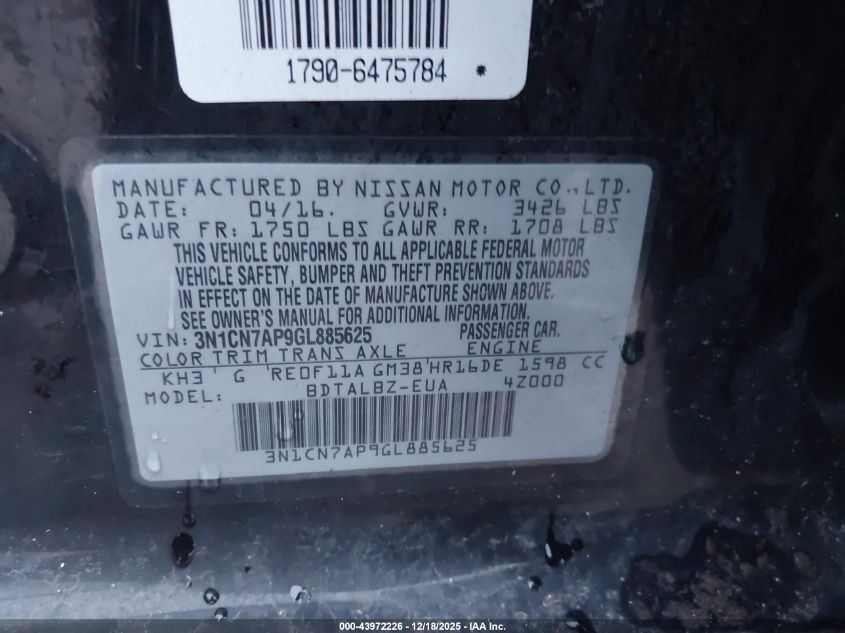 2016 Nissan Versa 1.6 S/1.6 S+/1.6 Sl/1.6 Sv VIN: 3N1CN7AP9GL885625 Lot: 43972226