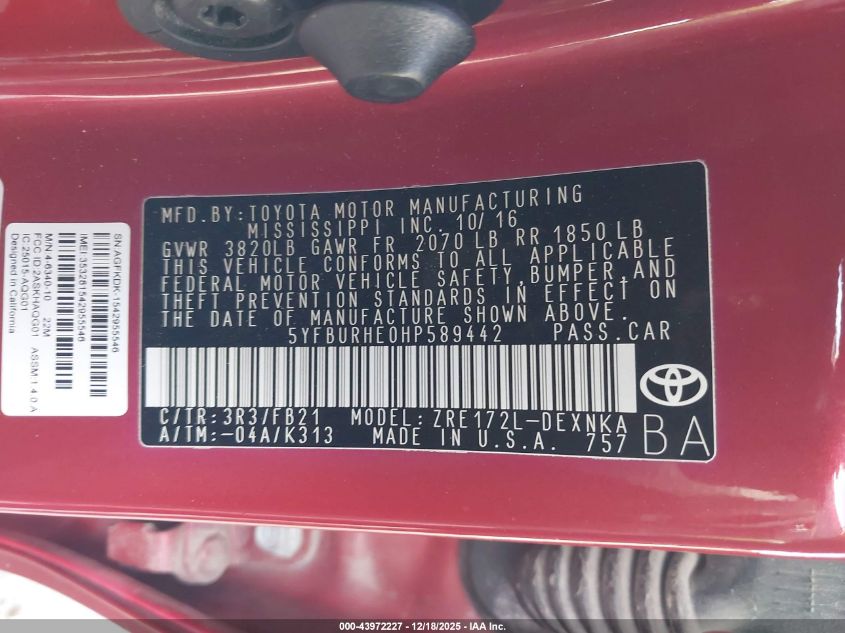 2017 Toyota Corolla Le VIN: 5YFBURHE0HP589442 Lot: 43972227