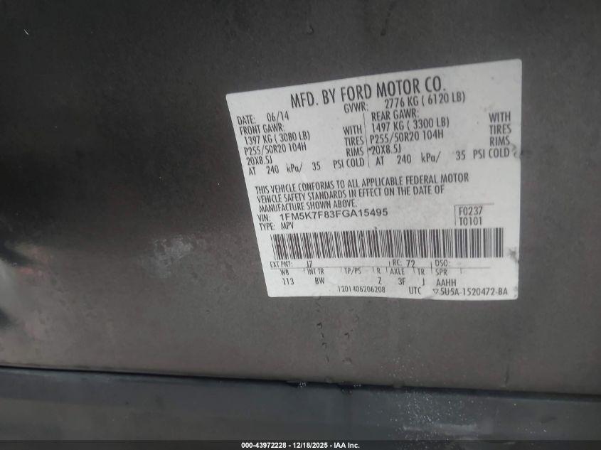 2015 Ford Explorer Limited VIN: 1FM5K7F83FGA15495 Lot: 43972228