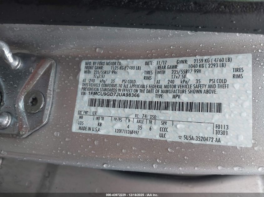 2018 Ford Escape Se VIN: 1FMCU9GD7JUA98366 Lot: 43972229