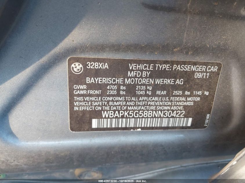 2011 BMW 328I xDrive VIN: WBAPK5G58BNN30422 Lot: 43972230