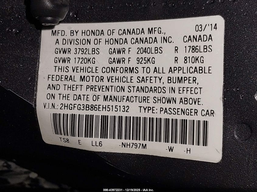 2014 Honda Civic Ex VIN: 2HGFG3B86EH515132 Lot: 43972231