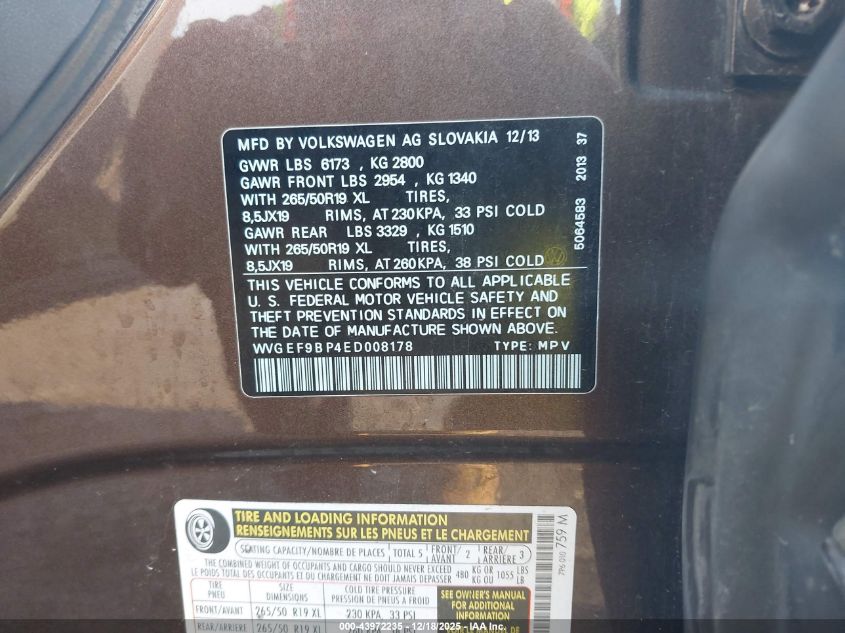 2014 Volkswagen Touareg 3.6L Lux VIN: WVGEF9BP4ED008178 Lot: 43972235