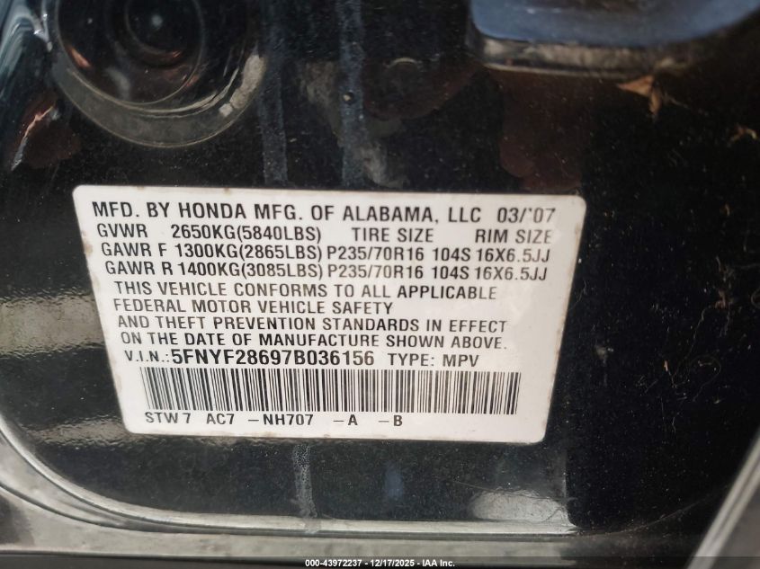 2007 Honda Pilot Ex-L VIN: 5FNYF28697B036156 Lot: 43972237