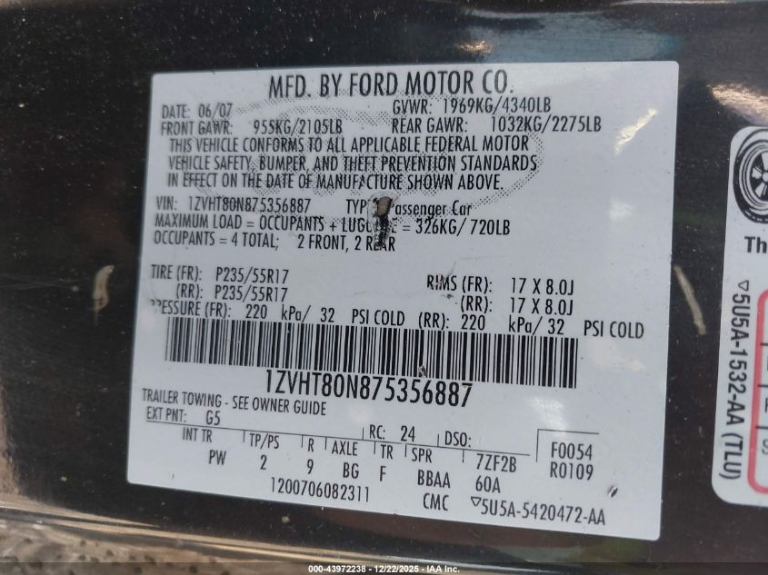 2007 Ford Mustang V6 Deluxe/V6 Premium VIN: 1ZVHT80N875356887 Lot: 43972238