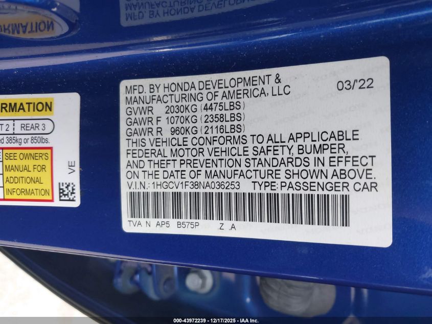 2022 Honda Accord Sport VIN: 1HGCV1F38NA036253 Lot: 43972239